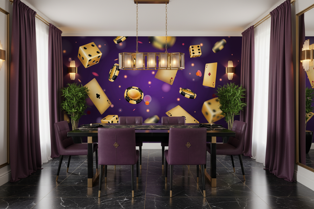 Papier Peint Casino Luxe Cartes Dés Jetons Dorés Violet - Salle à manger
