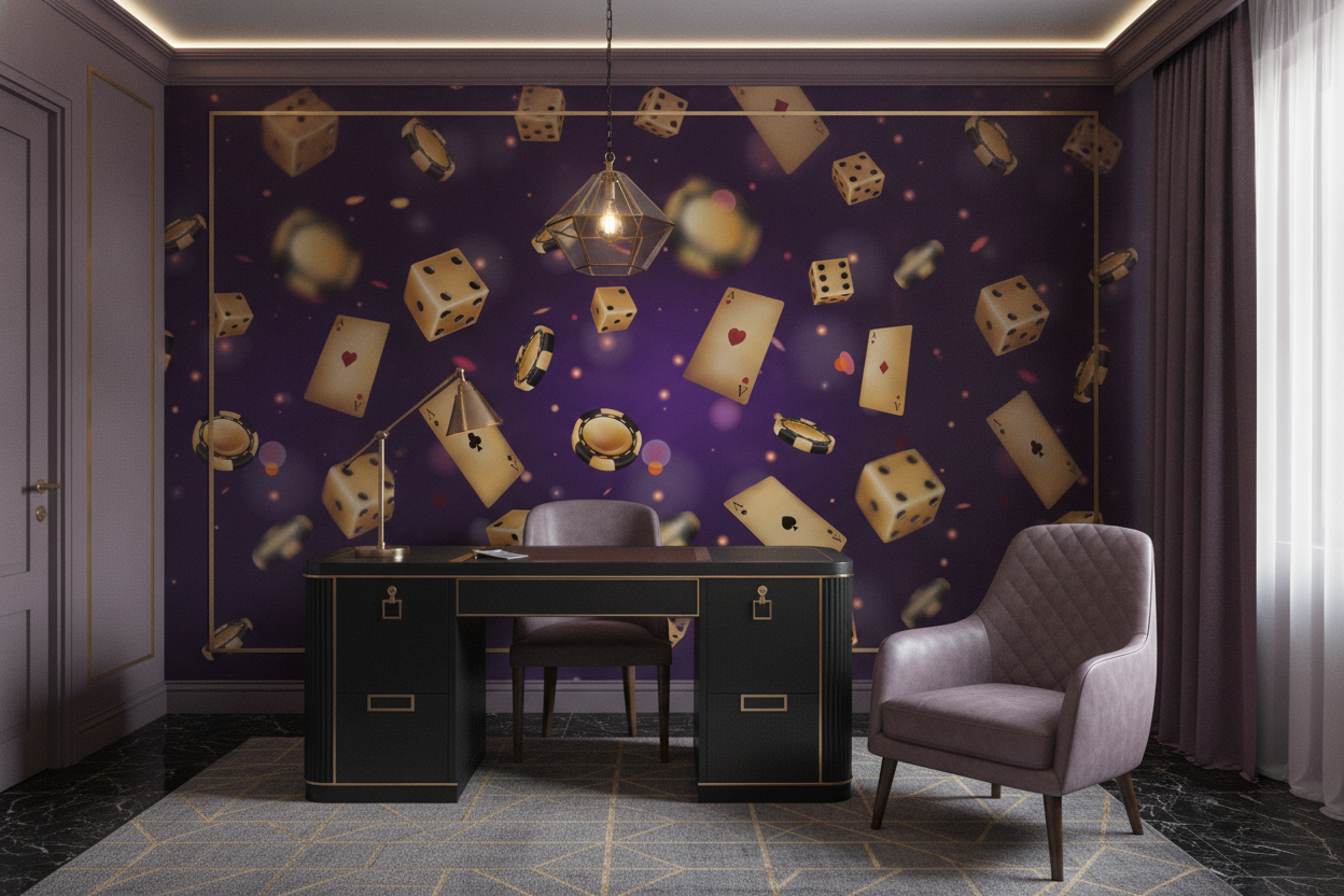 Papier peint casino luxueux avec cartes, dés et jetons dorés - Bureau