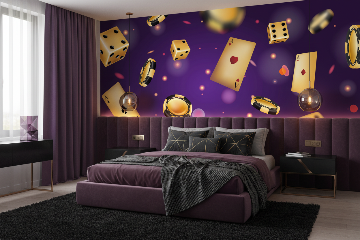 Papier peint casino luxueux avec cartes, dés et jetons dorés - Chambre ado
