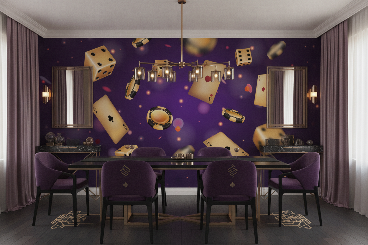 Papier peint casino luxueux avec cartes, dés et jetons dorés - Salle à manger
