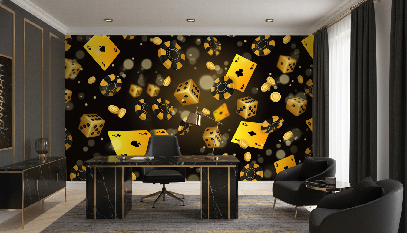 Papier peint casino noir et doré avec cartes, dés et jetons - Bureau