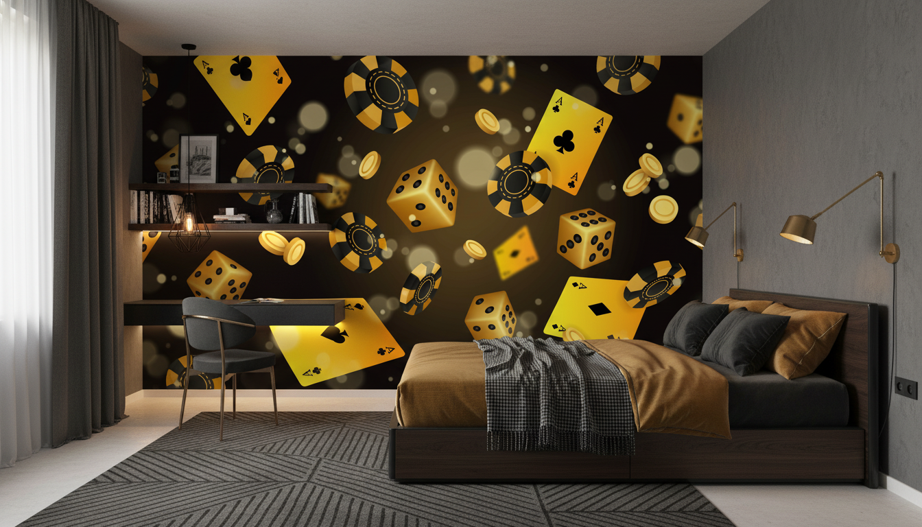 Papier peint casino noir et doré avec cartes, dés et jetons - Chambre ado