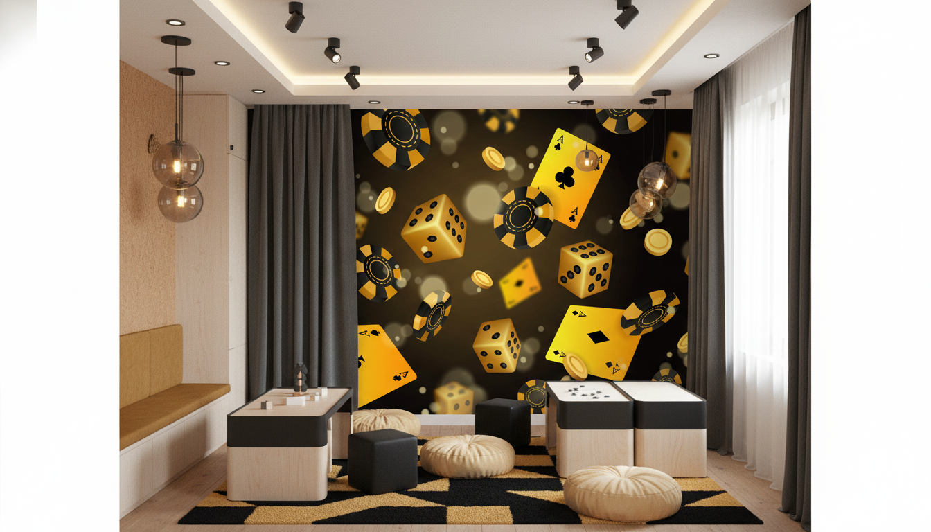 Papier peint casino noir et doré avec cartes, dés et jetons - Espace enfant (pro)