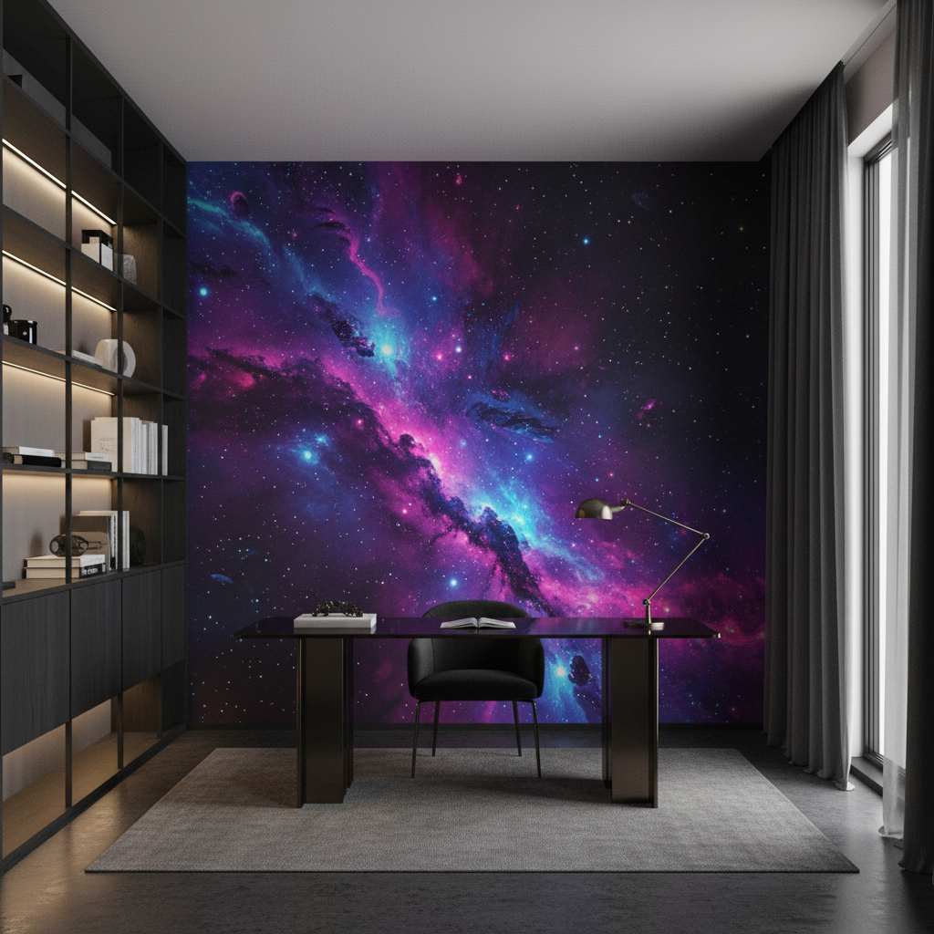 Papier Peint Chambre Futuriste Galaxie Violet Néon Cosmos Immersif - Bureau
