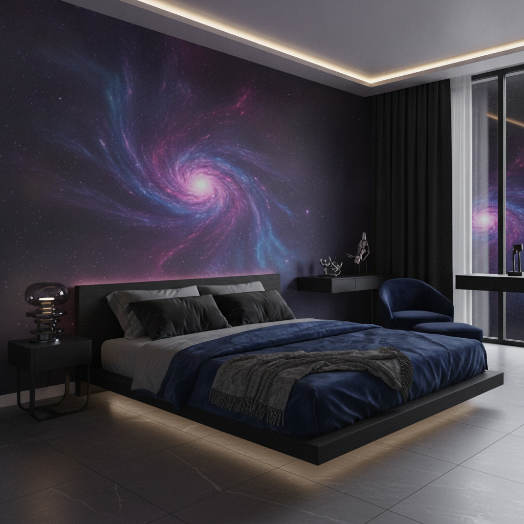 Papier Peint Chambre Futuriste Galaxie Violet Néon Cosmos Immersif - Chambre adulte
