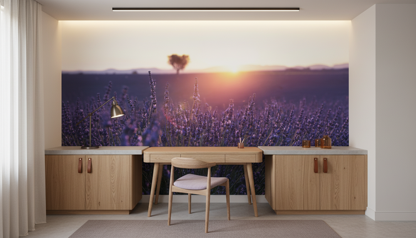 Papier peint champ de lavande au coucher de soleil romantique - Bureau