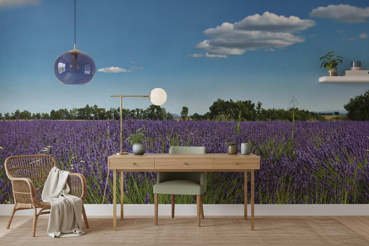 Papier peint champ de lavande en fleurs sous ciel bleu - Bureau
