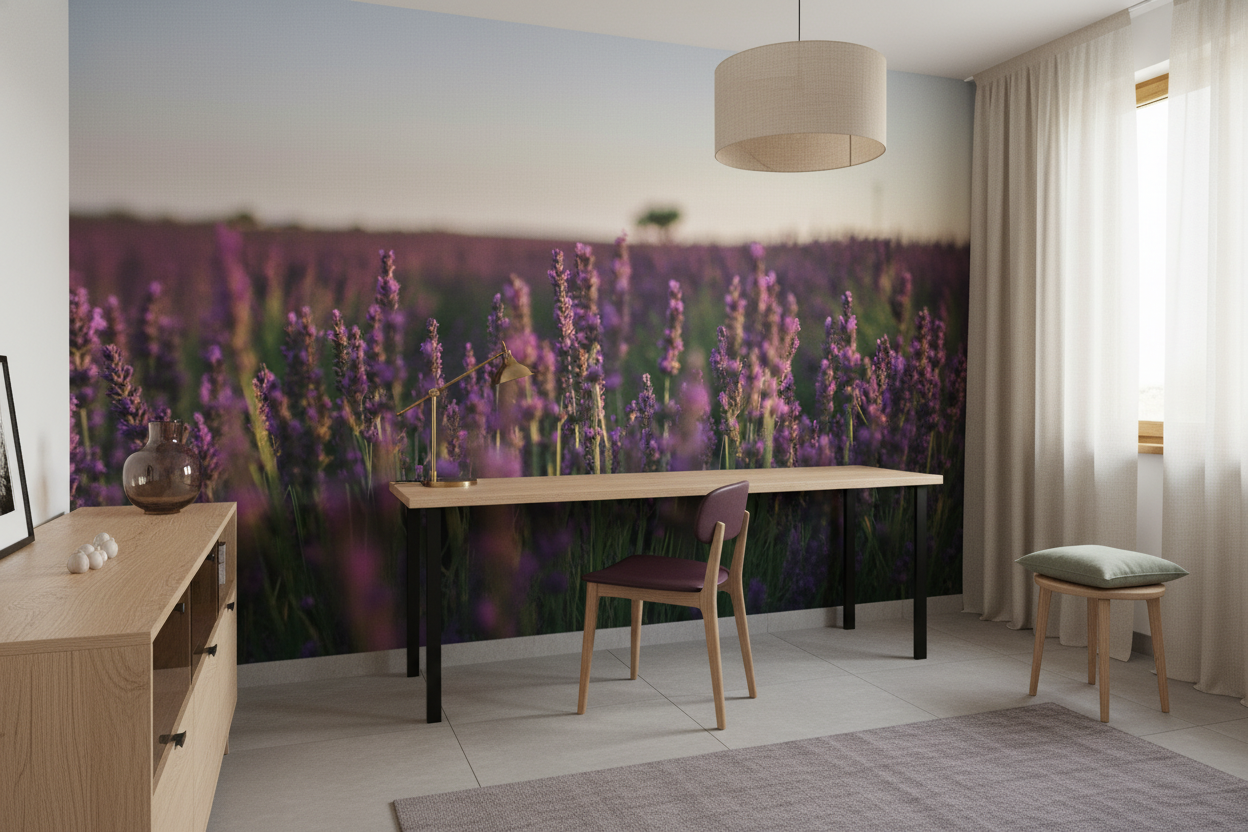 Papier peint champ de lavande en fleurs violettes naturelles - Bureau