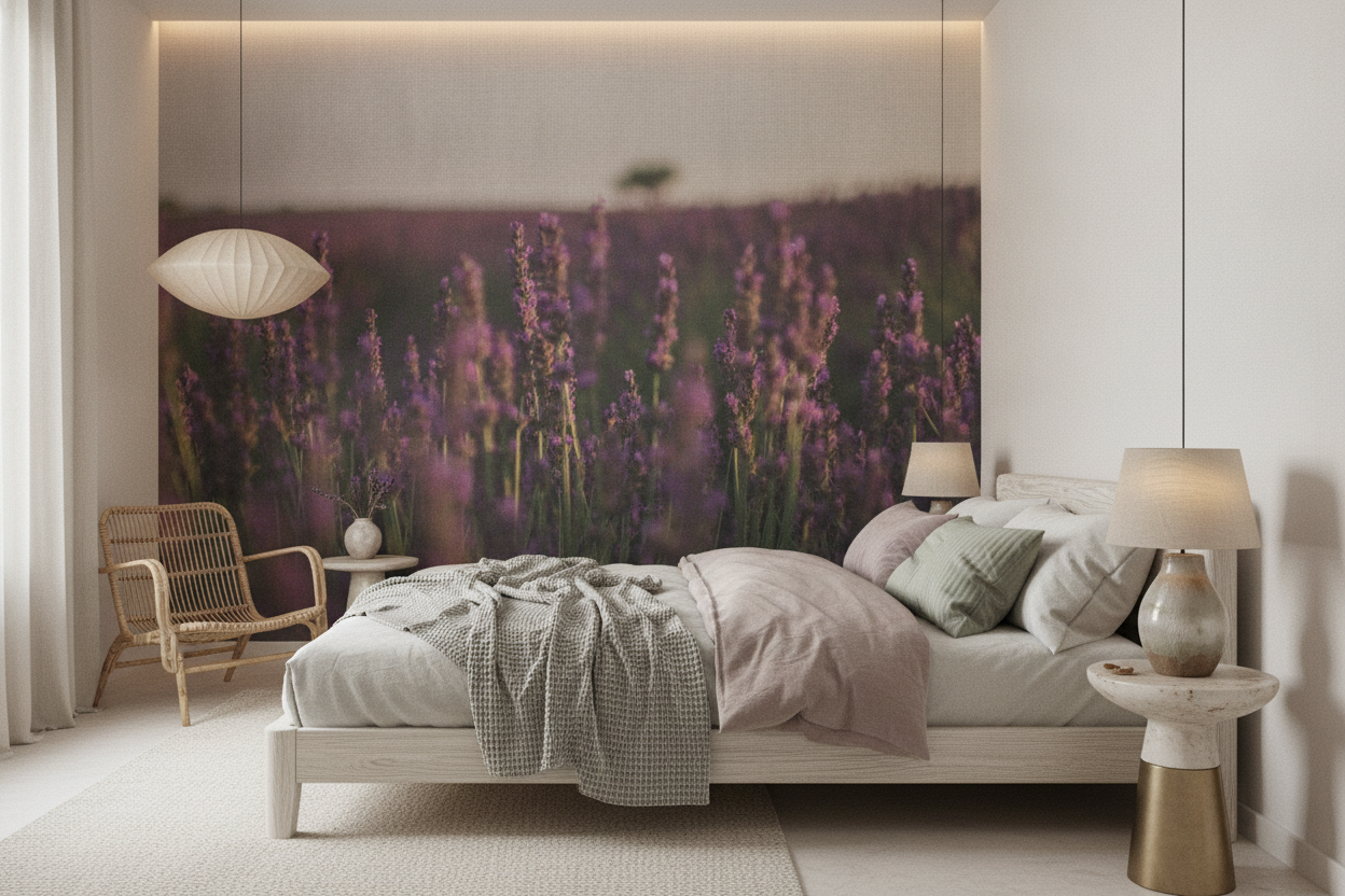 Papier peint champ de lavande en fleurs violettes naturelles - Chambre adulte
