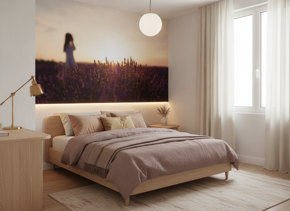 Papier peint champ lavande coucher soleil silhouette romantique - Chambre ado