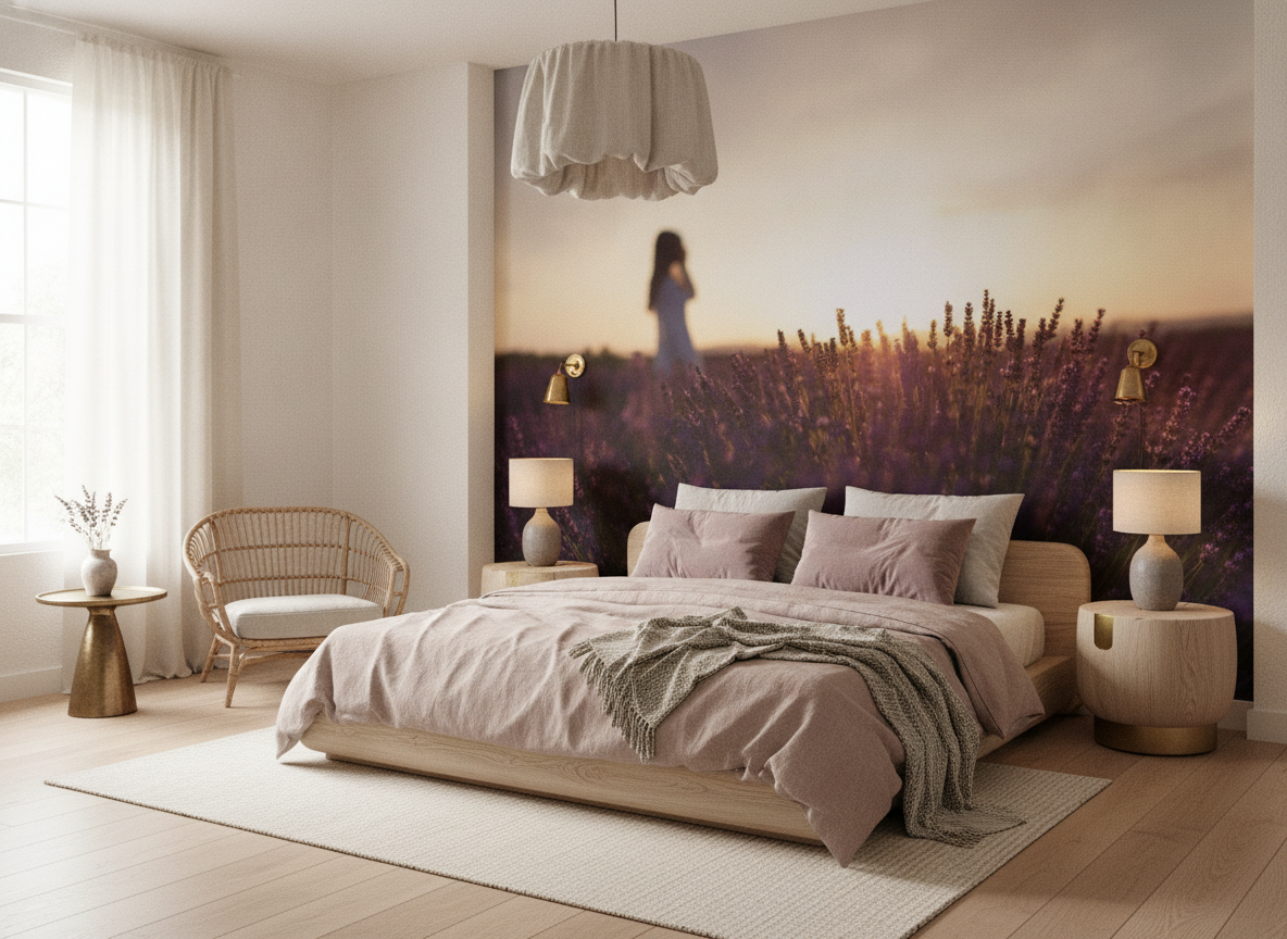 Papier peint champ lavande coucher soleil silhouette romantique - Chambre adulte
