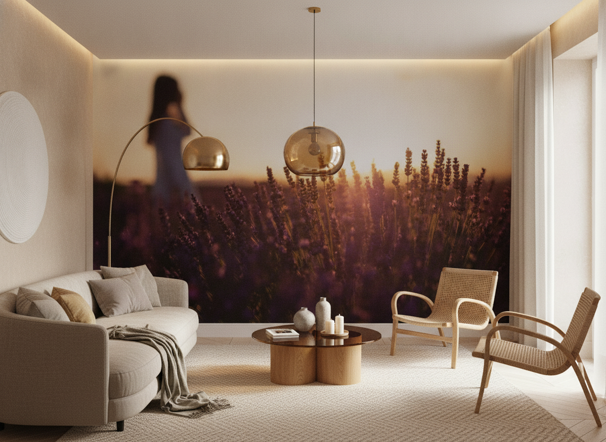 Papier peint champ lavande coucher soleil silhouette romantique - Salon / Séjour