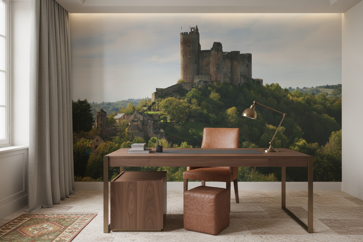Papier peint château médiéval sur colline verdoyante panoramique - Bureau