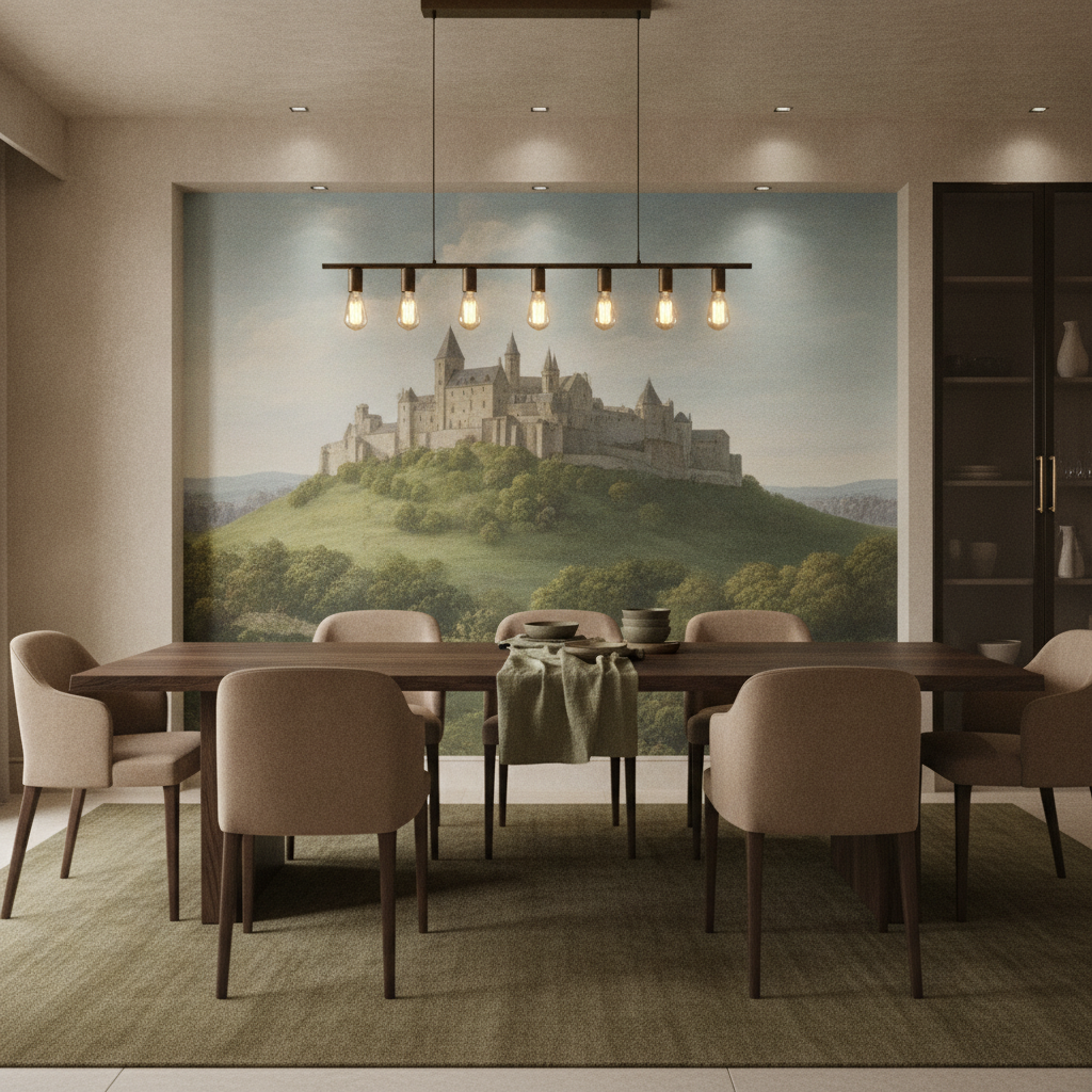 Papier peint château médiéval sur colline verdoyante panoramique - Salle à manger