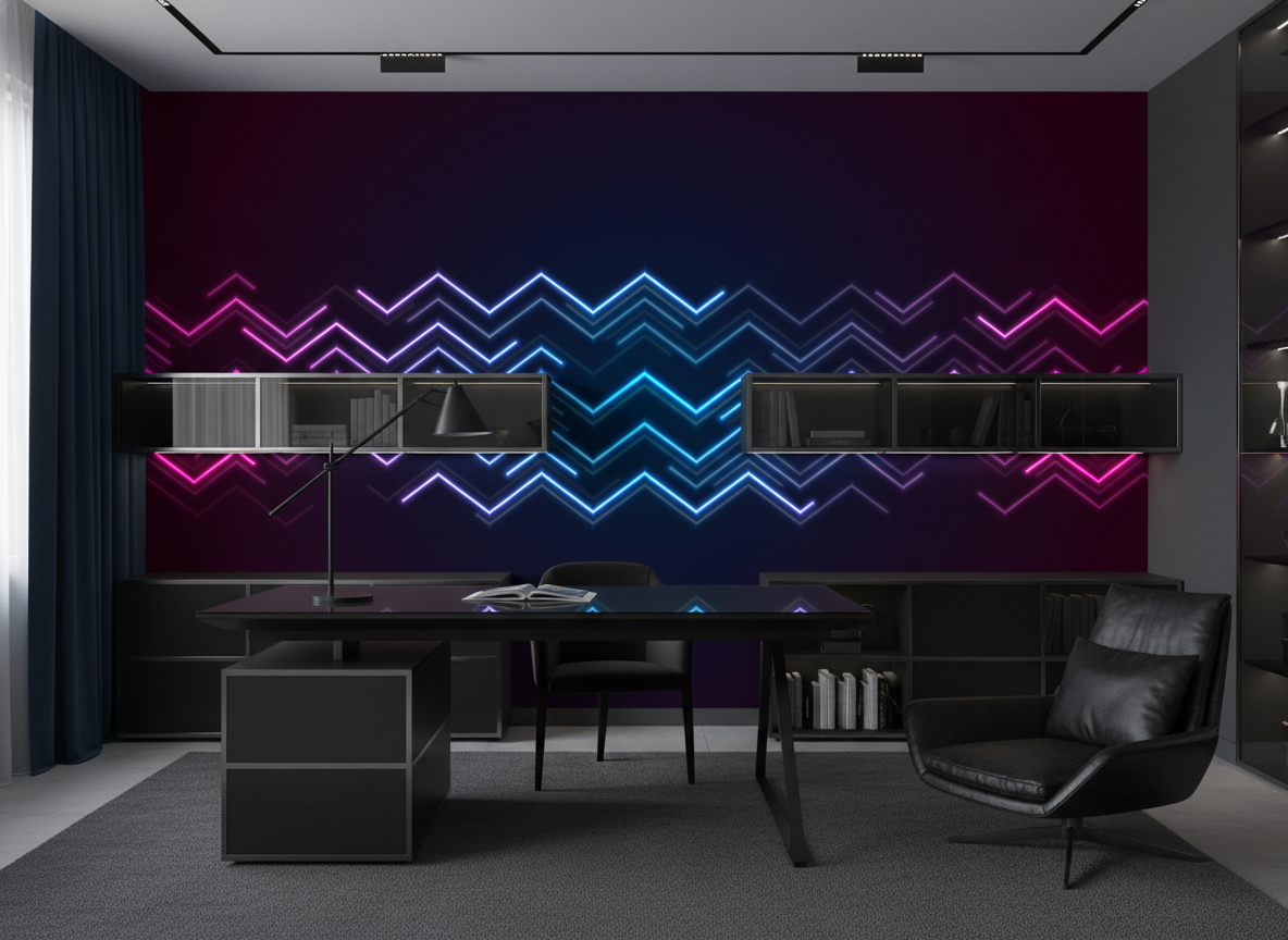Papier Peint Chevrons Néon Lumineux Effet Synthwave Futuriste - Bureau