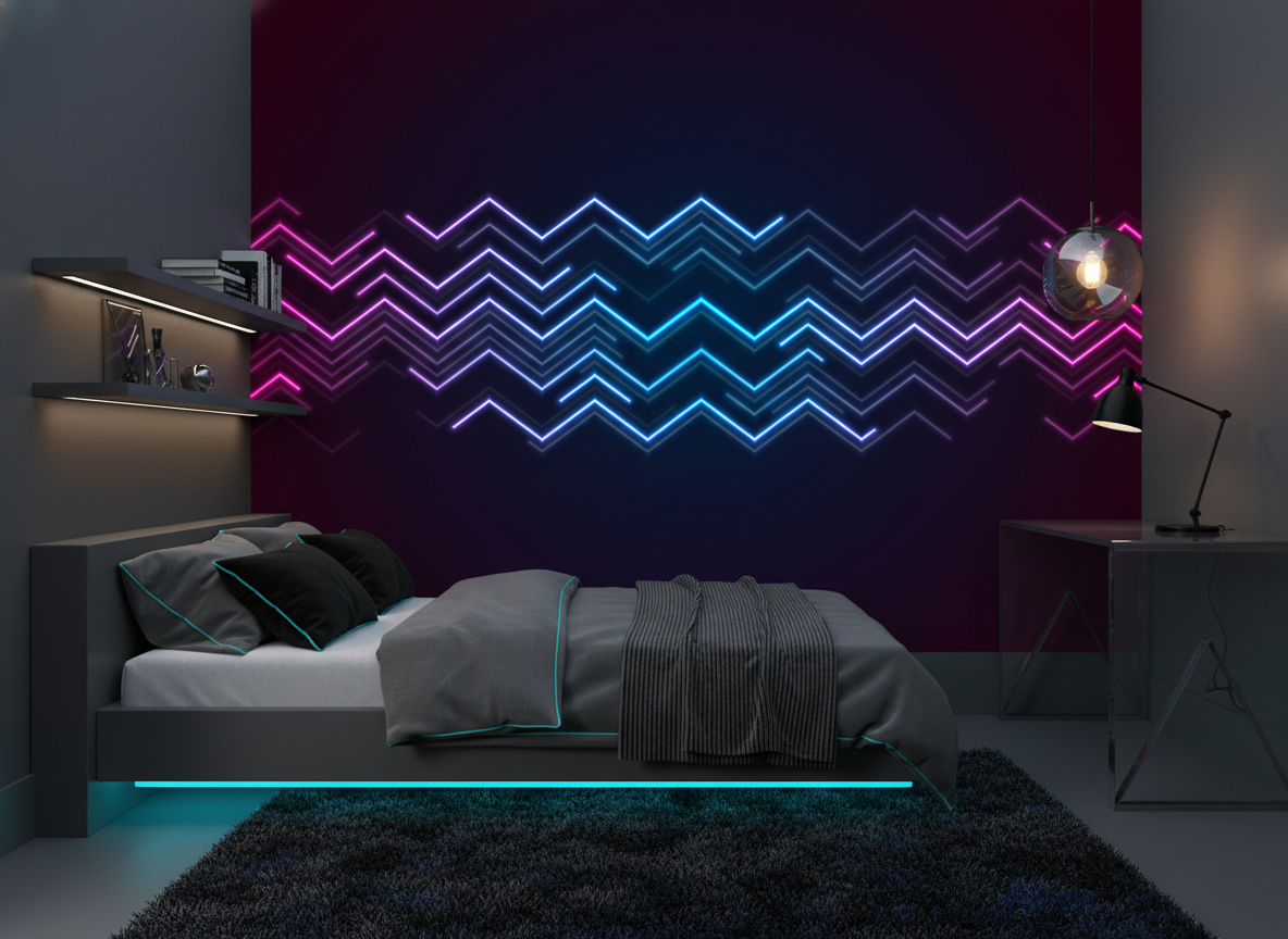 Papier Peint Chevrons Néon Lumineux Effet Synthwave Futuriste - Chambre ado