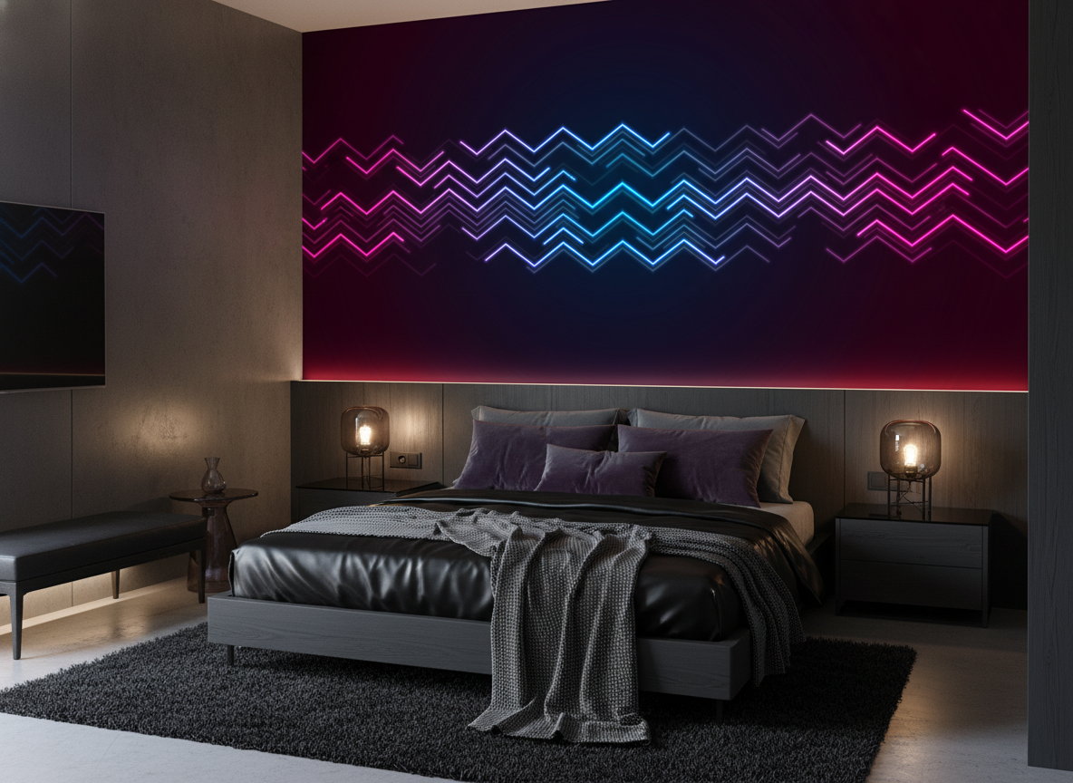 Papier Peint Chevrons Néon Lumineux Effet Synthwave Futuriste - Chambre adulte