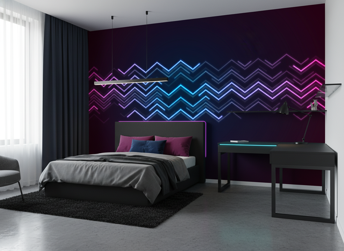 Papier Peint Chevrons Néon Lumineux Électrique Futuriste - Chambre ado