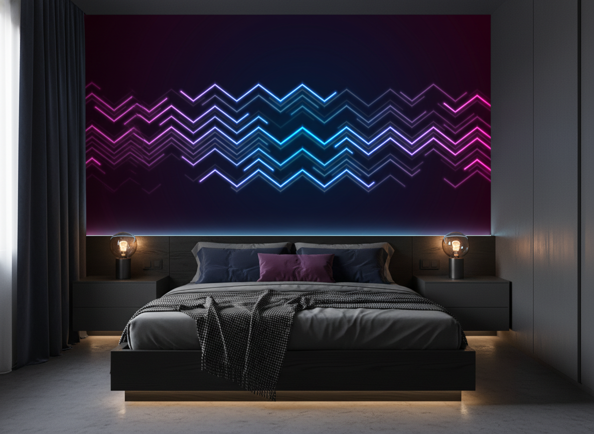 Papier Peint Chevrons Néon Lumineux Électrique Futuriste - Chambre adulte