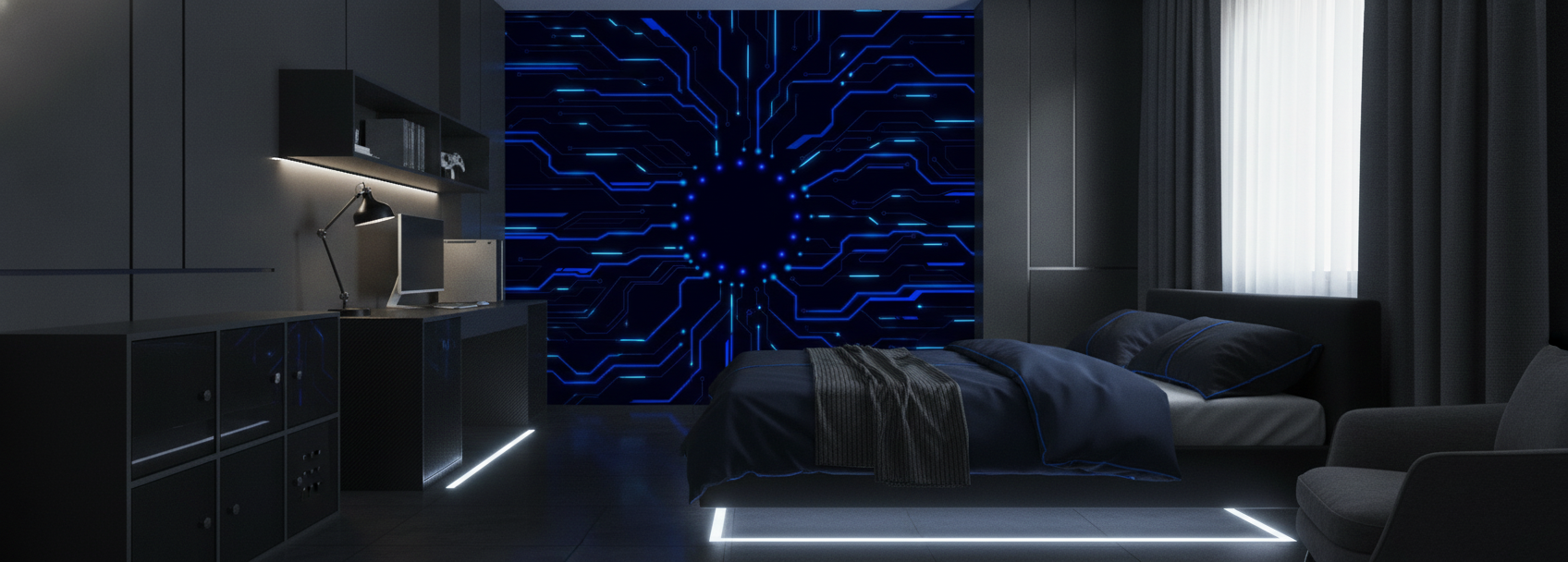 Papier Peint Circuit Électronique Bleu Néon Design Technologique Futuriste - Chambre ado