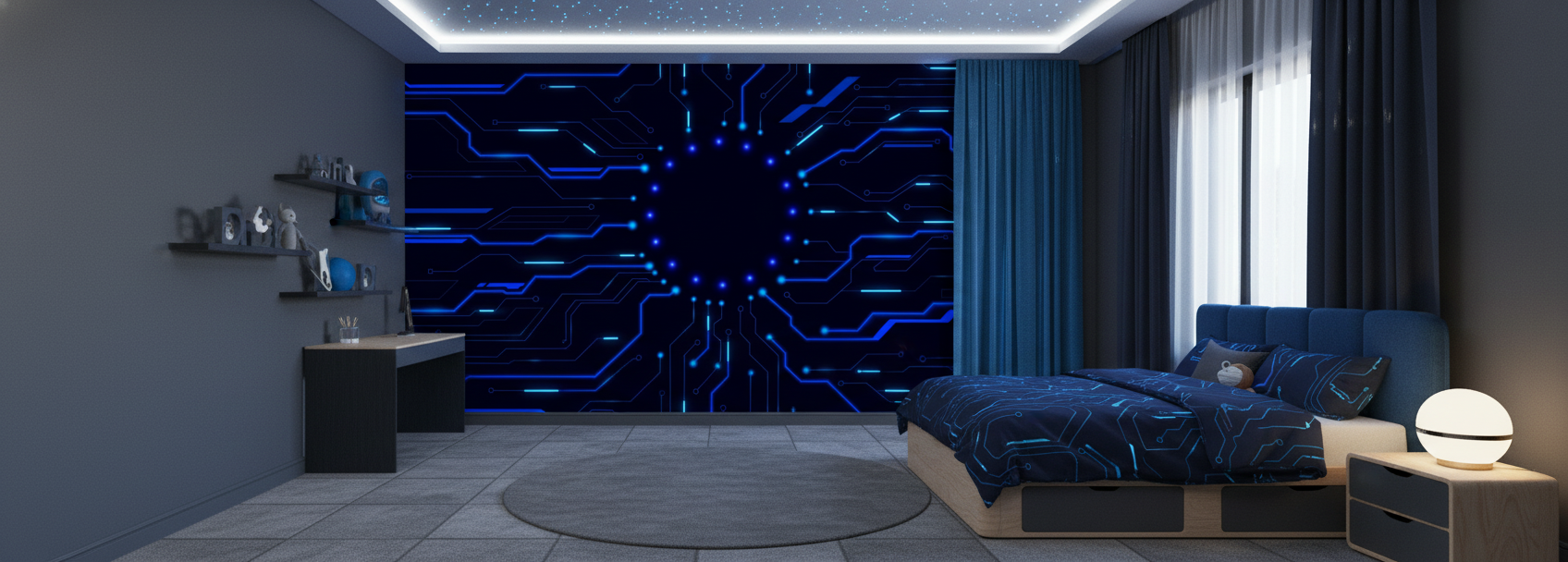 Papier Peint Circuit Électronique Bleu Néon Design Technologique Futuriste - Chambre enfant