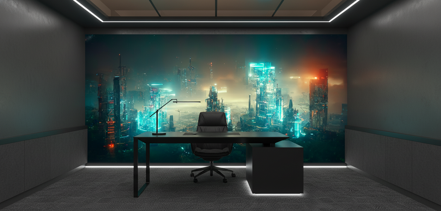 Papier Peint Cité Futuriste Cyberpunk Illuminée Néons Bleus - Bureau