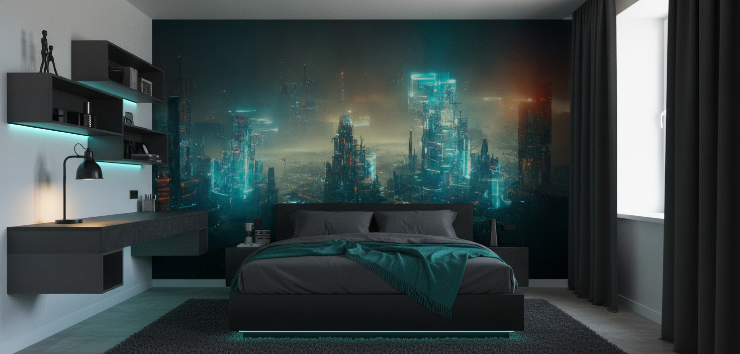 Papier Peint Cité Futuriste Cyberpunk Illuminée Néons Bleus - Chambre ado