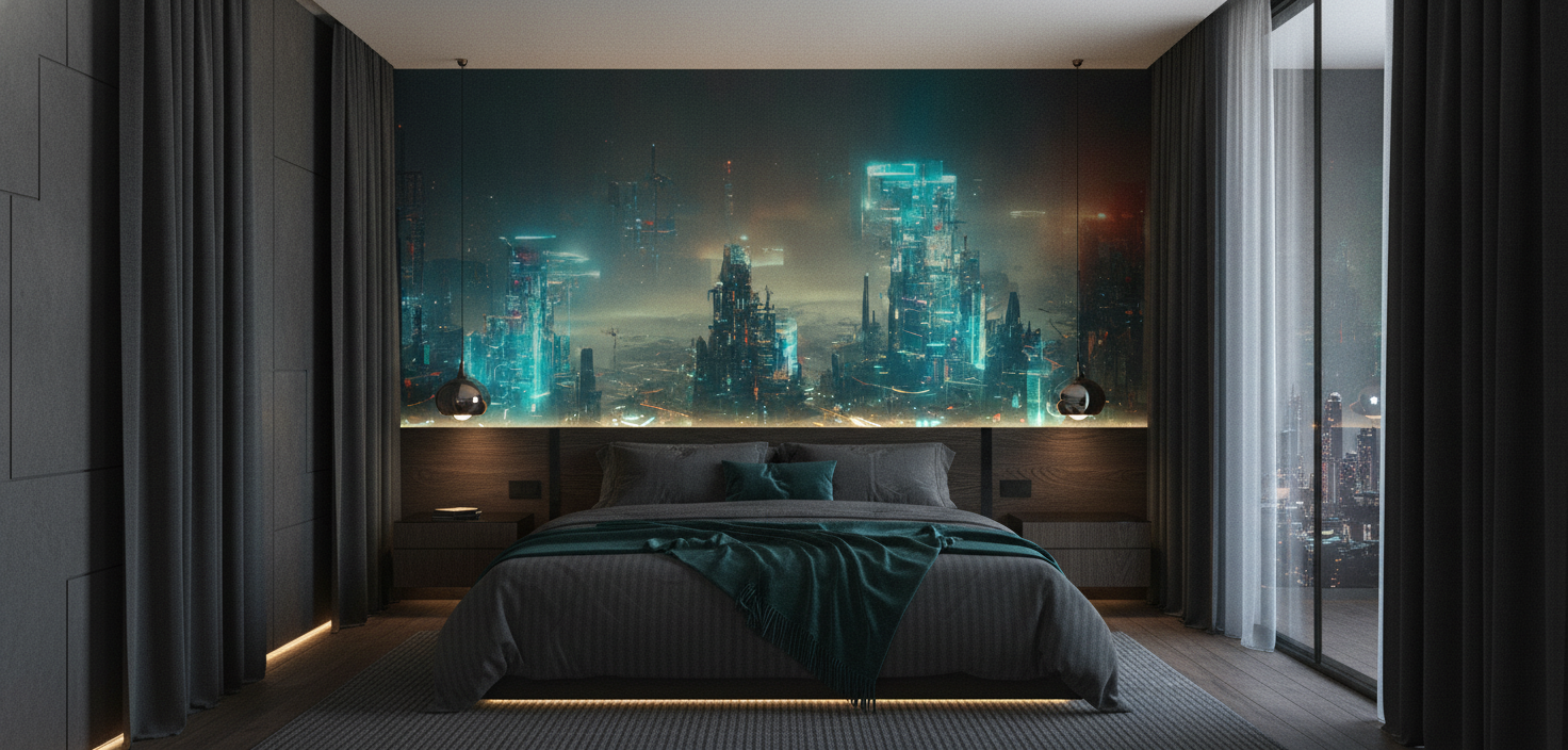 Papier Peint Cité Futuriste Cyberpunk Illuminée Néons Bleus - Chambre adulte