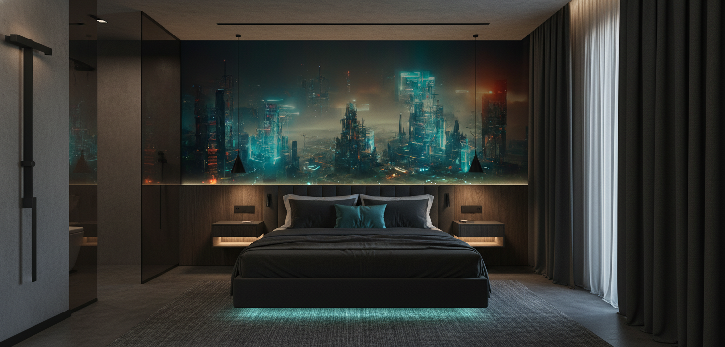 Papier Peint Cité Cyberpunk Néons Bleus Skyline Futuriste Nocturne — Hôtel