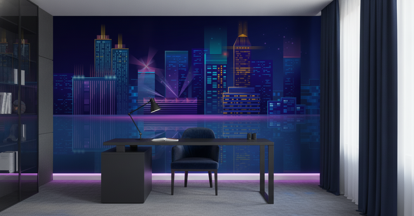 Papier Peint Cityscape Futuriste Néon Bleu Violet Nuit - Bureau