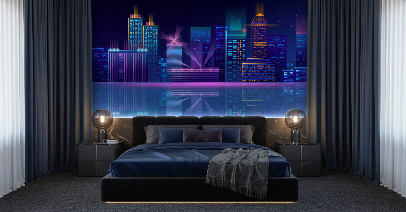 Papier Peint Cityscape Futuriste Néon Bleu Violet Nuit - Chambre adulte