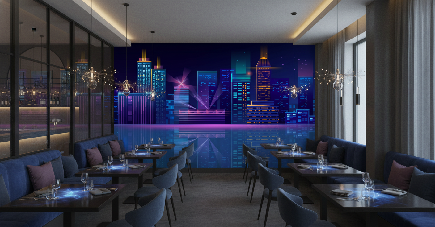 Papier Peint Cityscape Futuriste Néon Bleu Violet Nuit - Restaurant