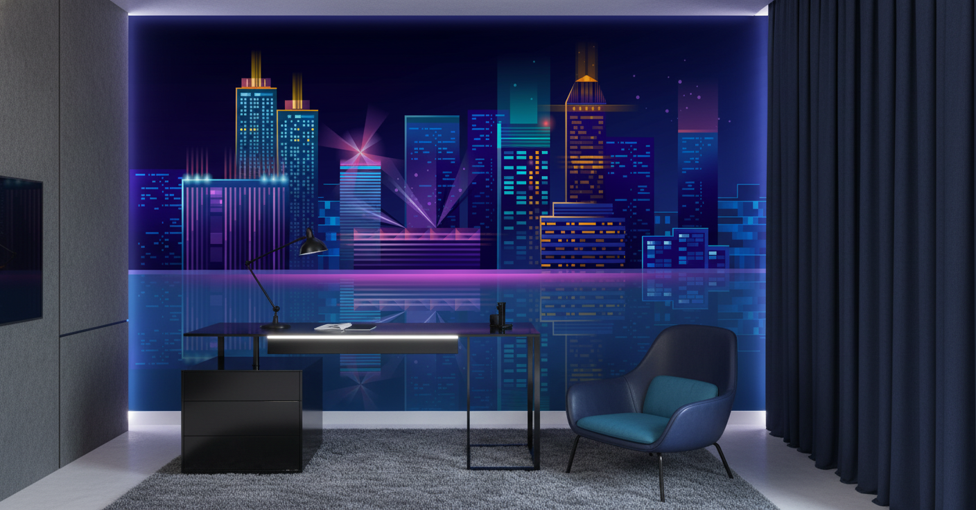 Papier Peint Cityscape Nocturne Néon Reflets Futuriste Moderne Urbain - Bureau