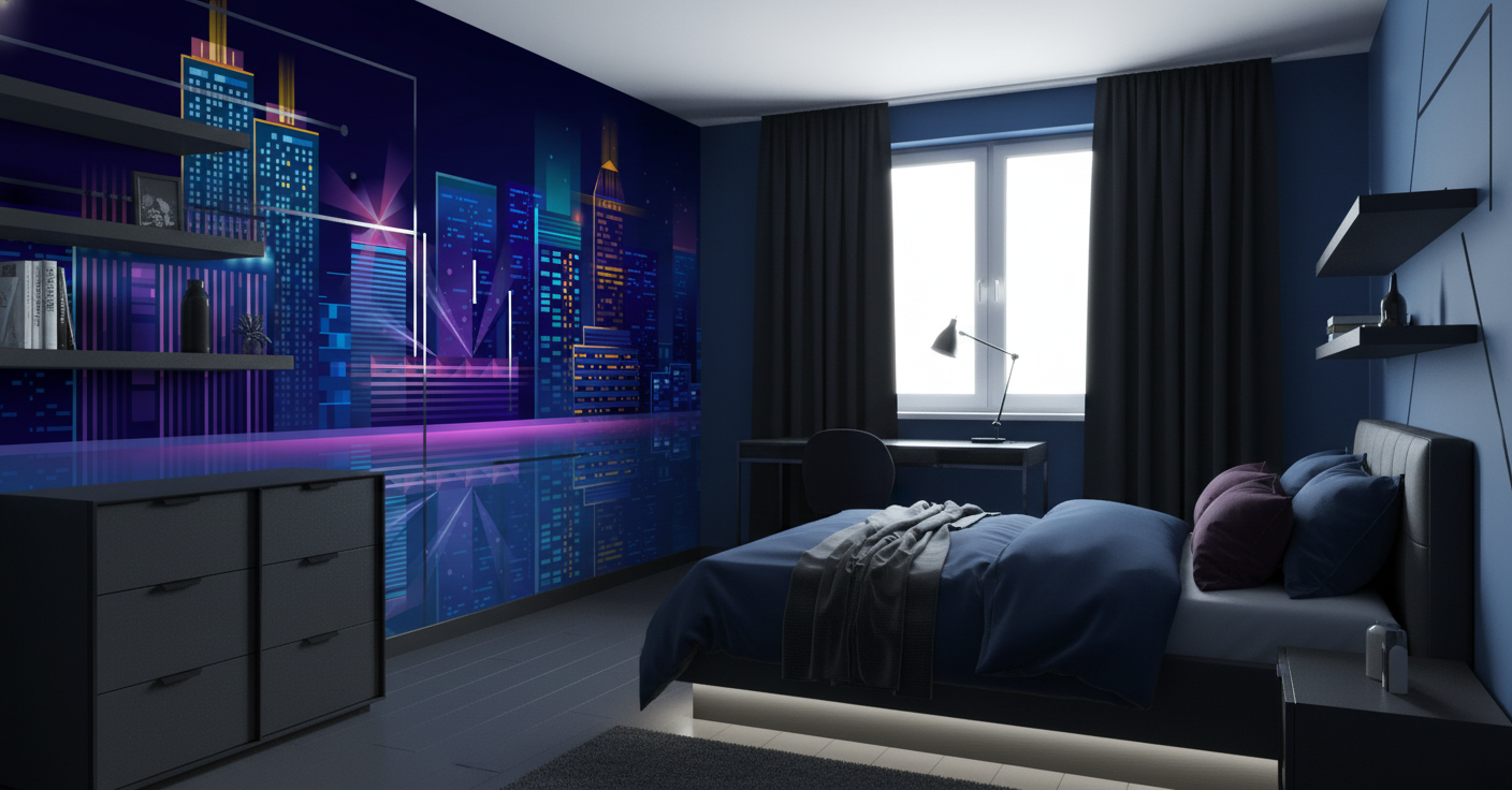 Papier Peint Cityscape Nocturne Néon Reflets Futuriste Moderne Urbain - Chambre ado