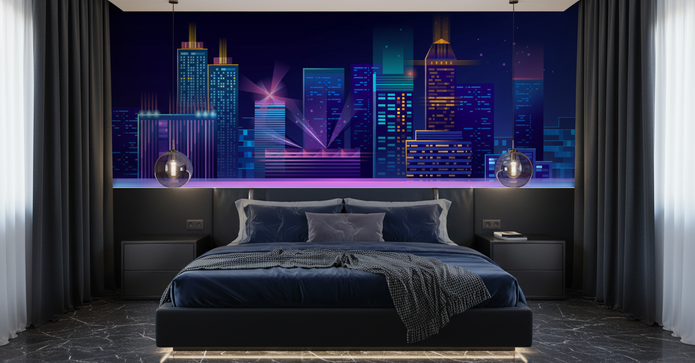 Papier Peint Cityscape Nocturne Néon Reflets Futuriste Moderne Urbain - Chambre adulte