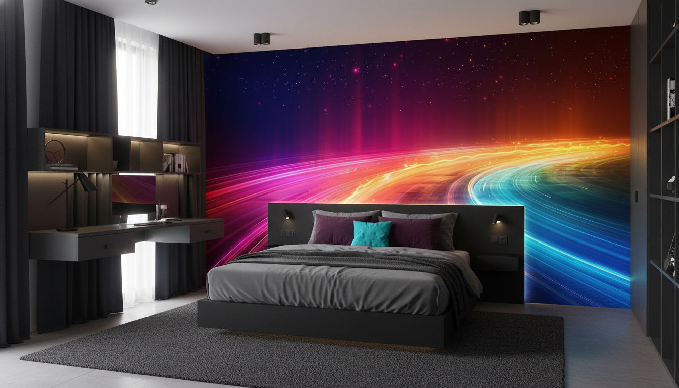 Papier Peint Cosmique Abstrait Flux Lumineux Multicolore Futuriste - Chambre ado