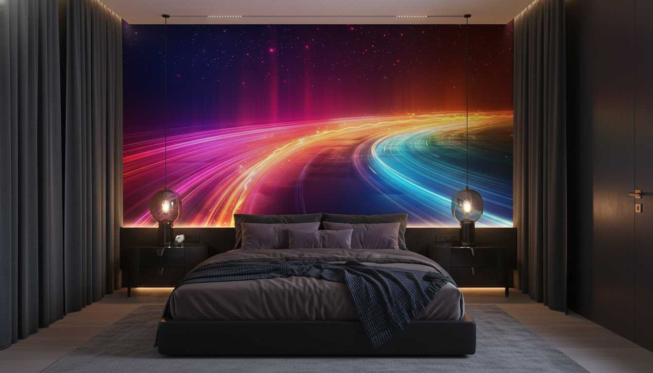 Papier Peint Cosmique Abstrait Flux Lumineux Multicolore Futuriste - Chambre adulte