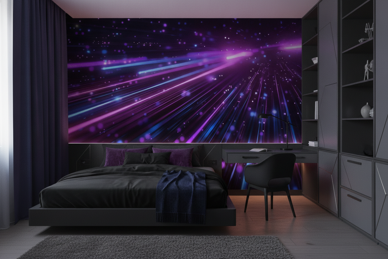 Papier Peint Cosmos Lumineux Rayons Violets et Bleus - Chambre ado