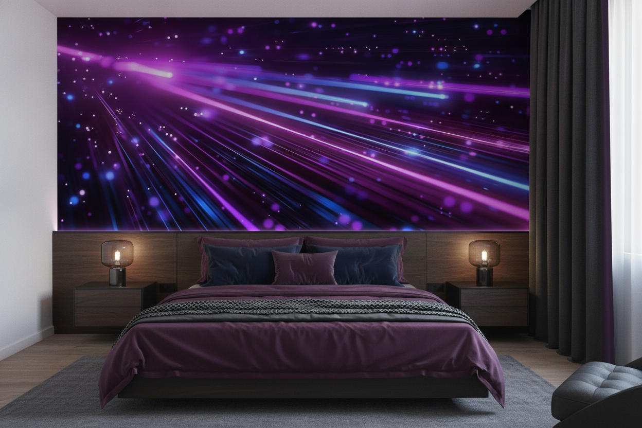 Papier Peint Cosmos Lumineux Rayons Violets et Bleus - Chambre adulte