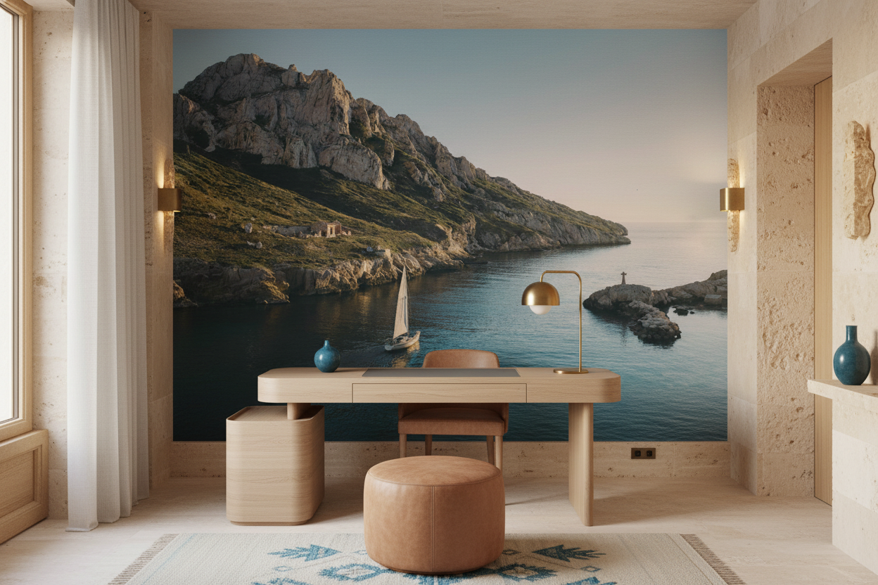 Papier peint crique méditerranéenne voilier coucher de soleil - Bureau