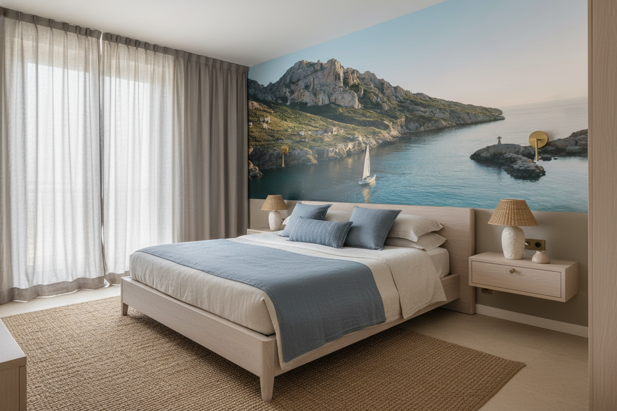 Papier peint crique méditerranéenne voilier coucher de soleil - Chambre adulte