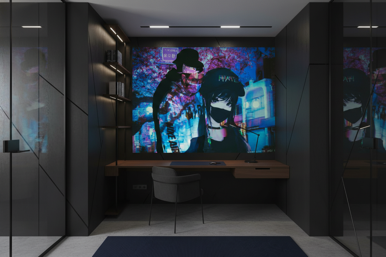Papier Peint Cyberpunk Duo Masqué Ambiance Futuriste Néon - Bureau
