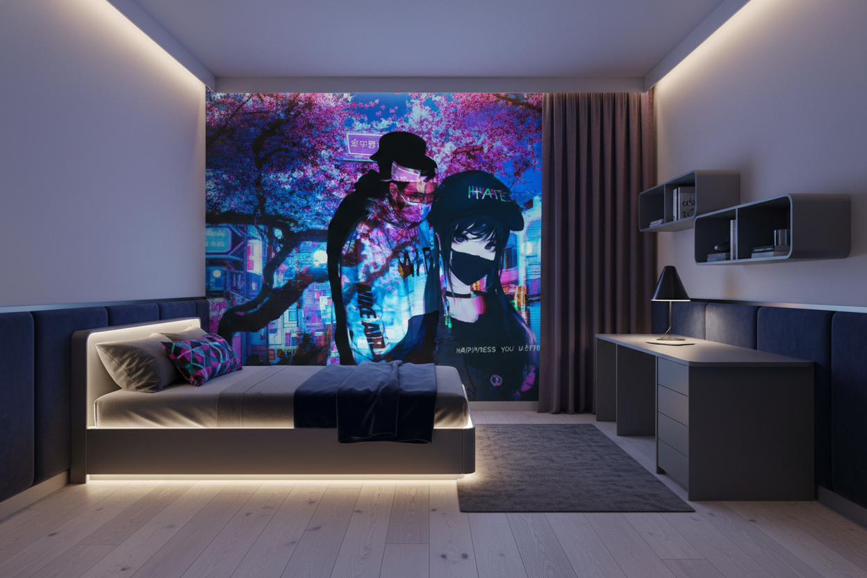 Papier Peint Cyberpunk Duo Masqué Ambiance Futuriste Néon - Chambre enfant