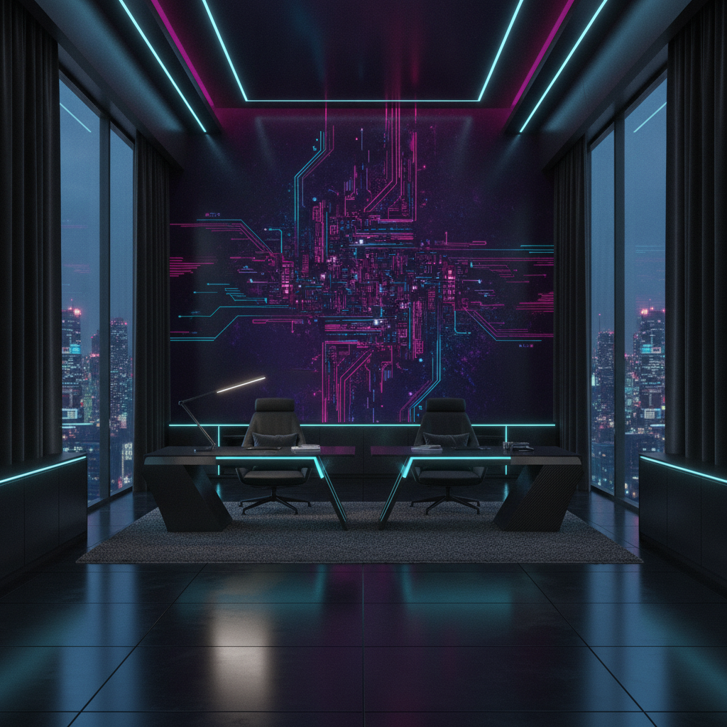 Papier Peint Cyberpunk Futuriste Néon Rose et Bleu - Bureau