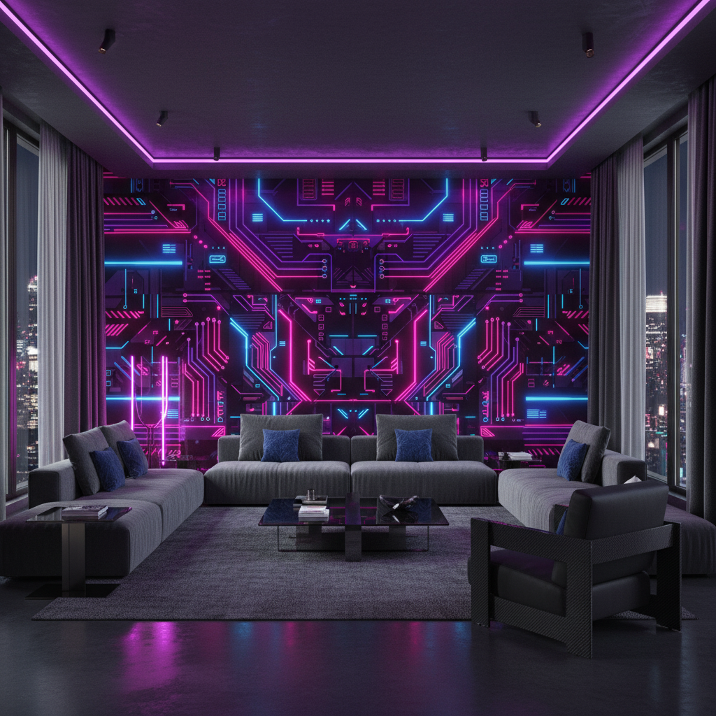 Papier Peint Cyberpunk Futuriste Néon Rose et Bleu - Salon / Séjour
