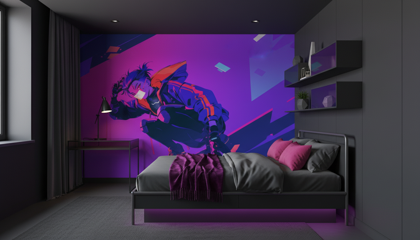 Papier Peint Cyberpunk Néon Violet Rose Style Futuriste Anime - Chambre ado