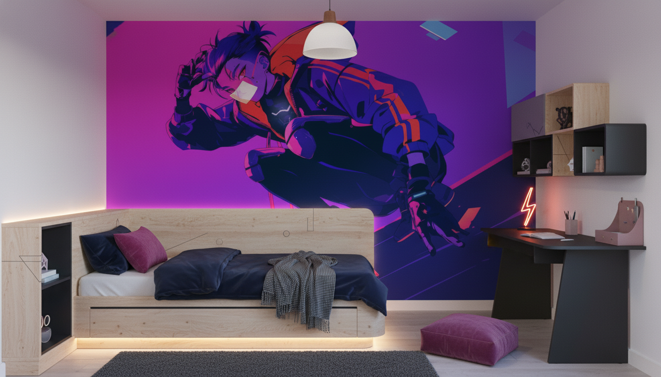 Papier Peint Cyberpunk Néon Violet Rose Style Futuriste Anime - Chambre enfant