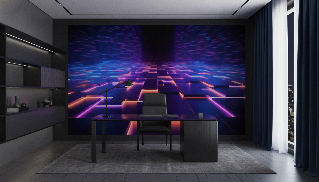 Papier Peint Digital Futuriste Cubes Lumineux Néon Violet - Bureau