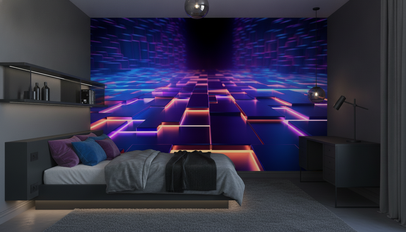 Papier Peint Digital Futuriste Cubes Lumineux Néon Violet - Chambre ado