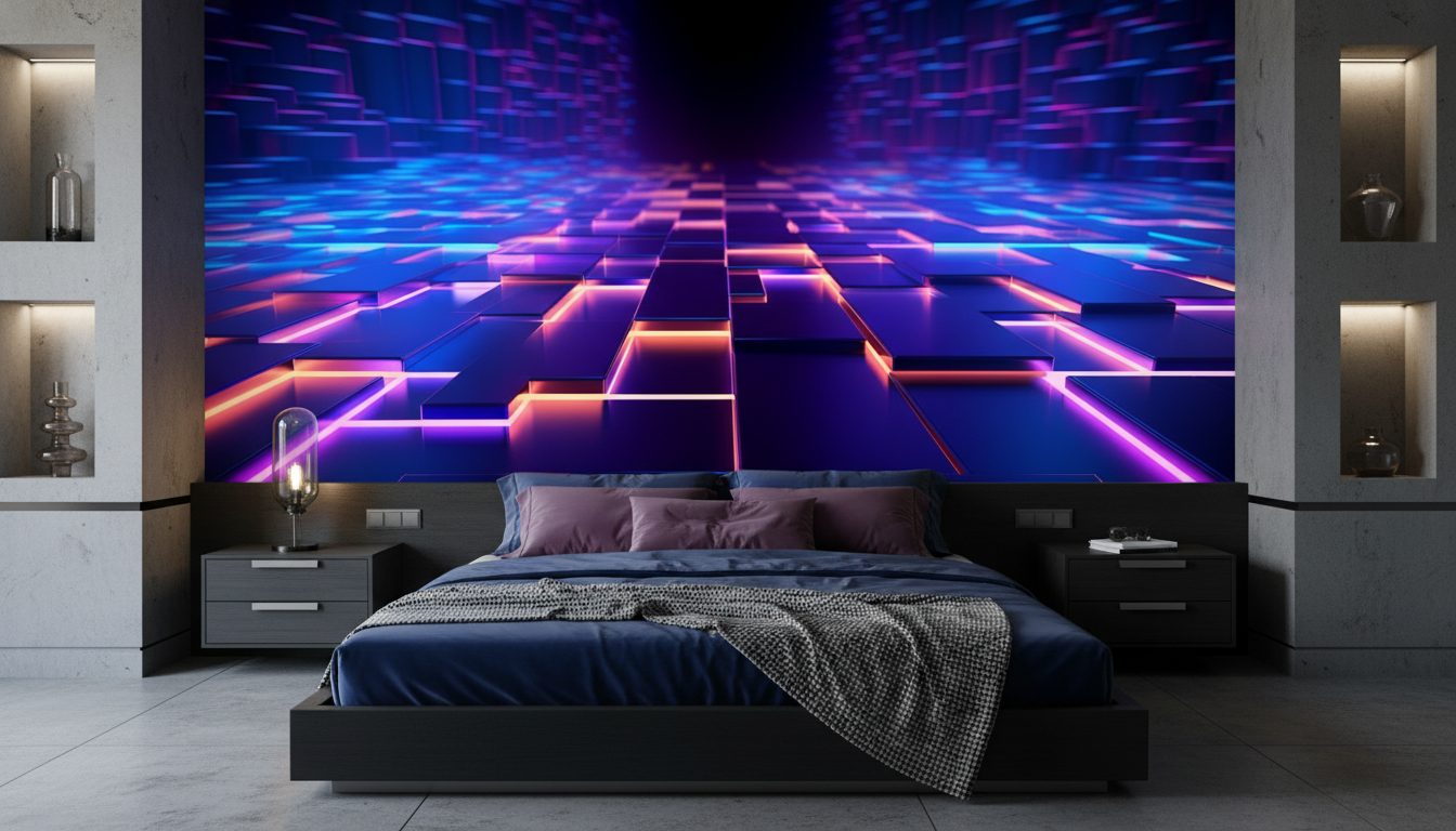 Papier Peint Digital Futuriste Cubes Lumineux Néon Violet - Chambre adulte